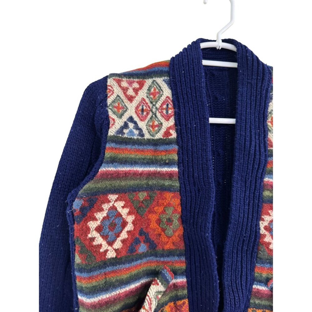 Handmade Wool Folk Blue Cardigan Sweater Shrunk Cropped Artisan Knit XS Petite - Picture 2 of 6